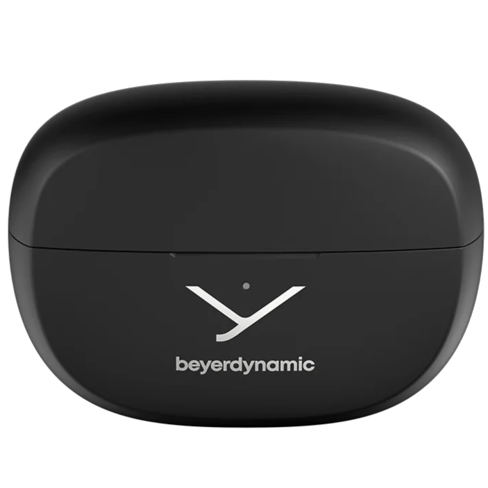 Black Beyerdynamic Amiron Zero wireless in-ear headphones with open-ear design and carrying case, showcasing sleek earbud style.