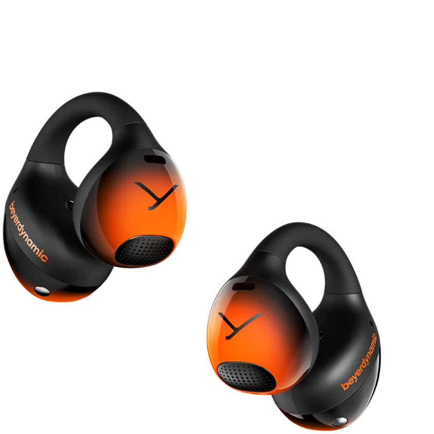Beyerdynamic Amiron Zero wireless in-ear headphones with open-ear clip design, featuring sleek black earbuds and brand logo.