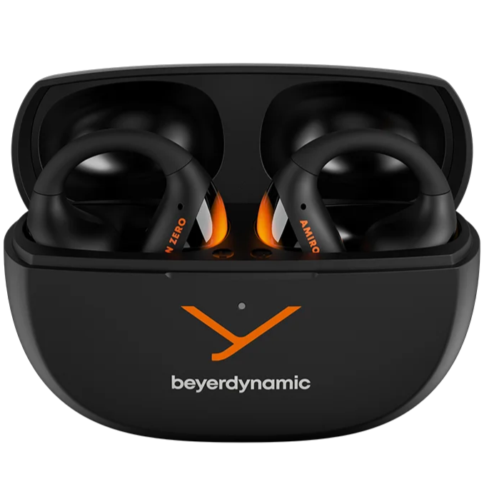 Beyerdynamic Amiron Zero wireless in-ear headphones with open-ear clip design and sleek black finish.