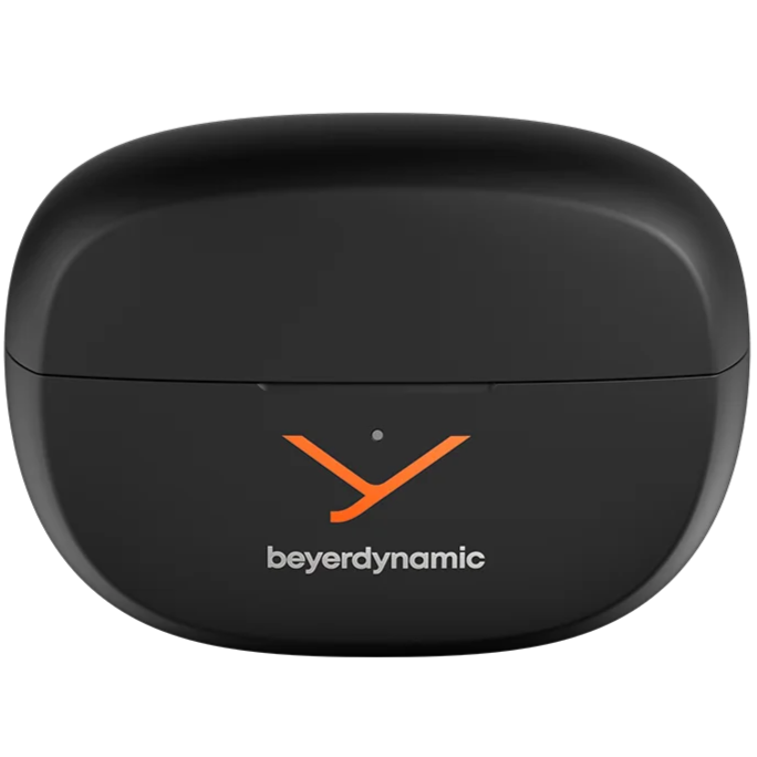 Beyerdynamic Amiron Zero wireless in-ear headphones with open-ear clip design and carrying case.