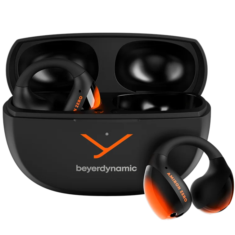 Beyerdynamic Amiron Zero wireless in-ear headphones with open-ear clip design, transparent earbud showing internal components.