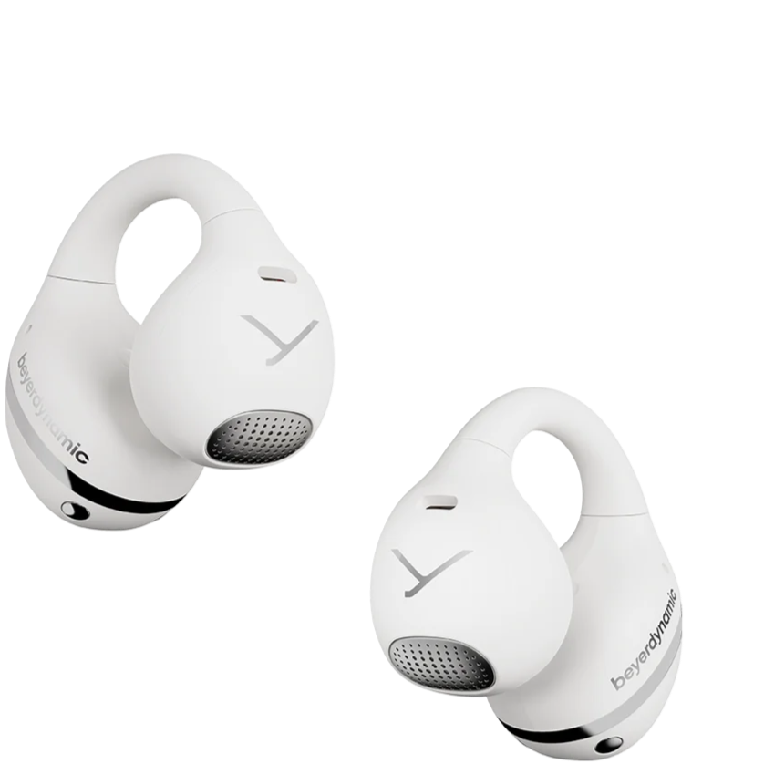 White Beyerdynamic Amiron Zero wireless in-ear headphones with open-ear clip design, featuring sleek earbuds and premium build.