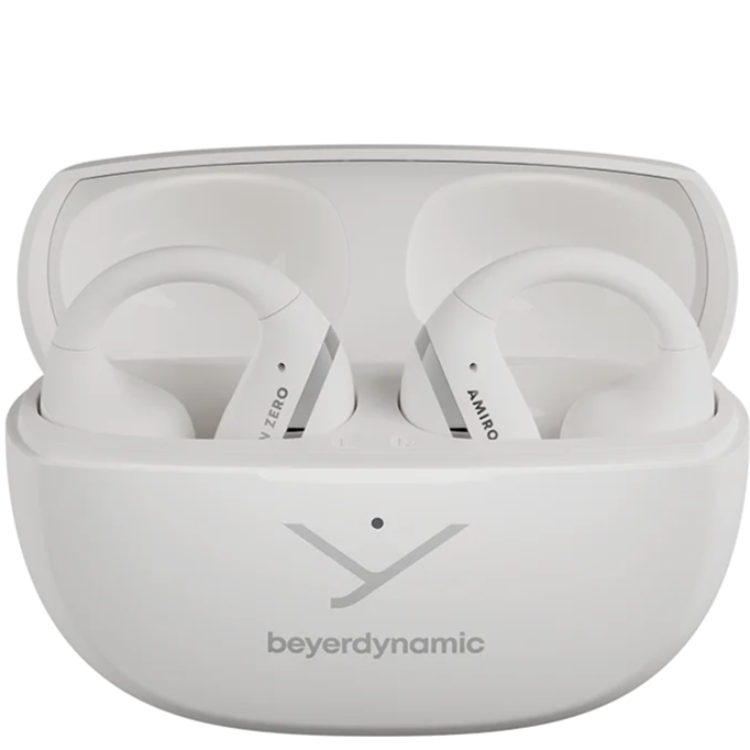 Beyerdynamic Amiron Zero wireless in-ear headphones in white with open-ear clip design, showcasing sleek earbud style and branding.