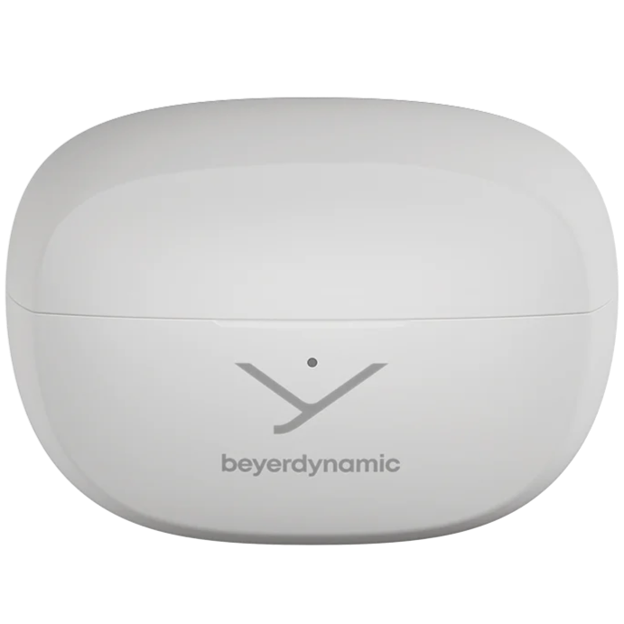 White Beyerdynamic Amiron Zero wireless in-ear headphones with open-ear design and matching carrying case.