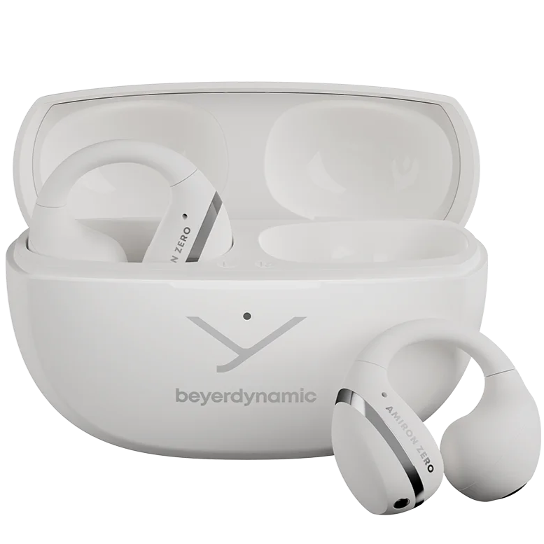 Beyerdynamic Amiron Zero wireless in-ear headphones in white with open-ear clip design, viewed from a perspective angle.
