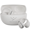 Beyerdynamic Amiron Zero wireless in-ear headphones in white with open-ear clip design, viewed from a perspective angle.