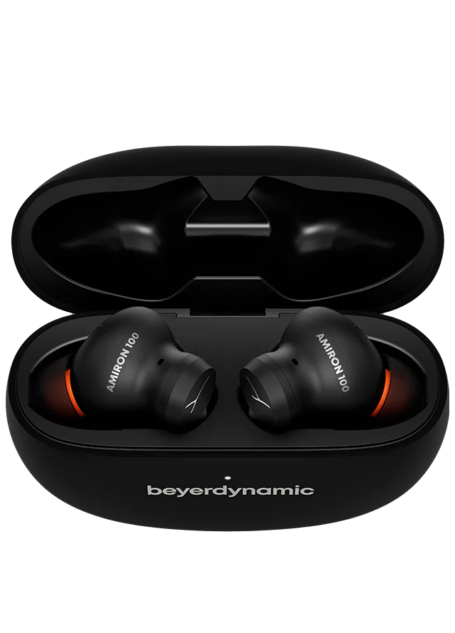 Black Beyerdynamic Amiron 100 wireless in-ear headphones with open case and charging case visible inside.