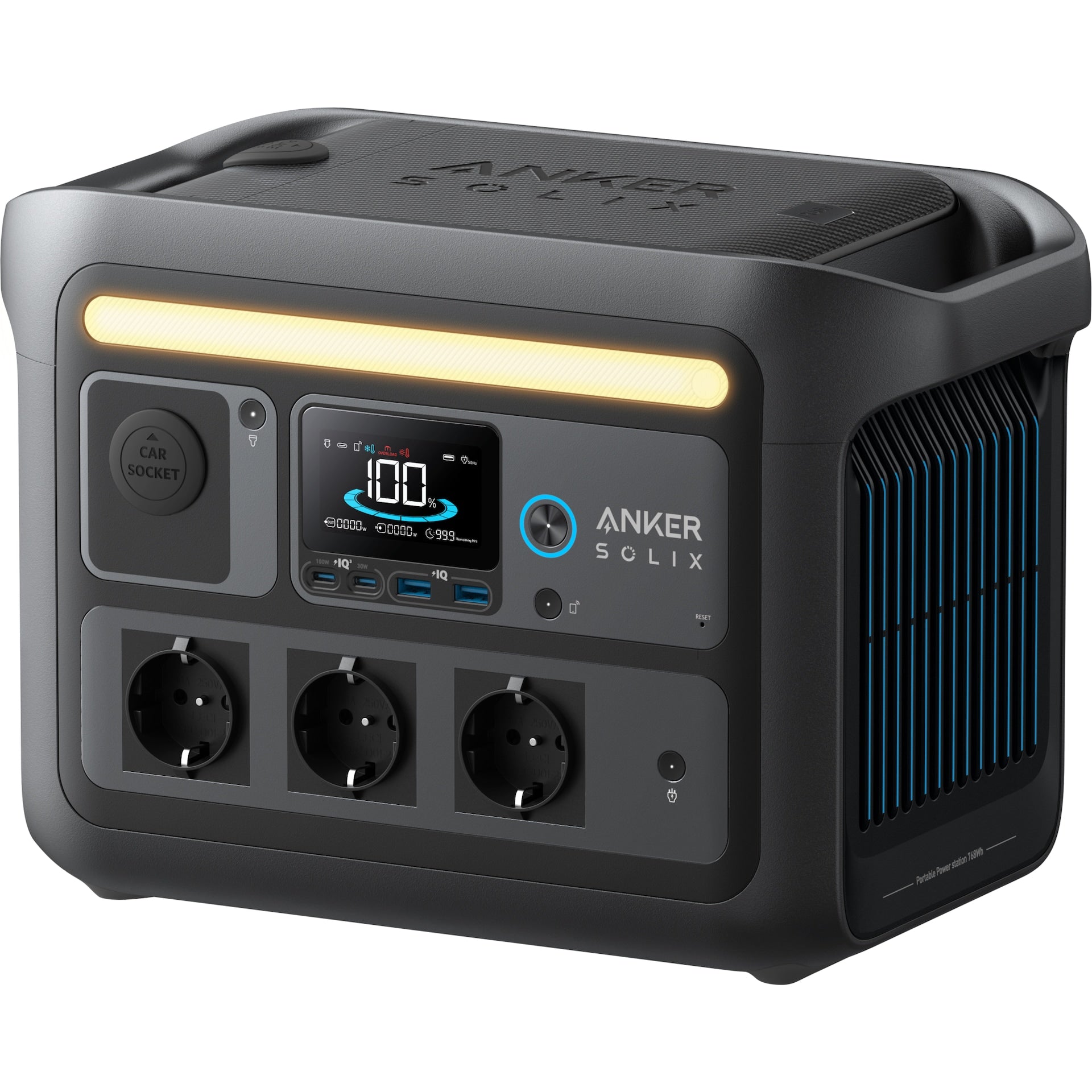 Anker Solix C800X portable power station with 768Wh capacity and 1200W output, featuring multiple ports for charging devices