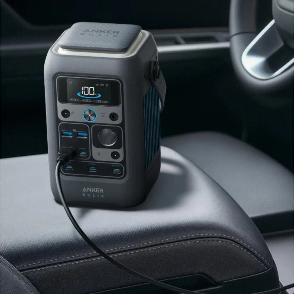 Anker Solix C300X DC portable power station with 288Wh capacity, featuring multiple power outlets and a portable design.
