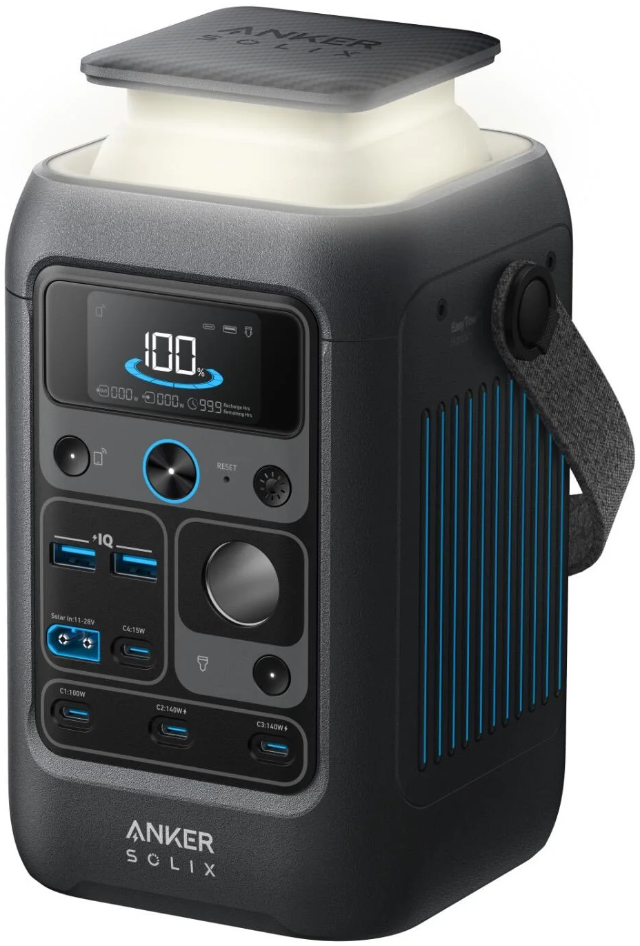 Anker Solix C300X DC portable power station with 288Wh capacity and 90000mAh, featuring multiple ports and a compact design.