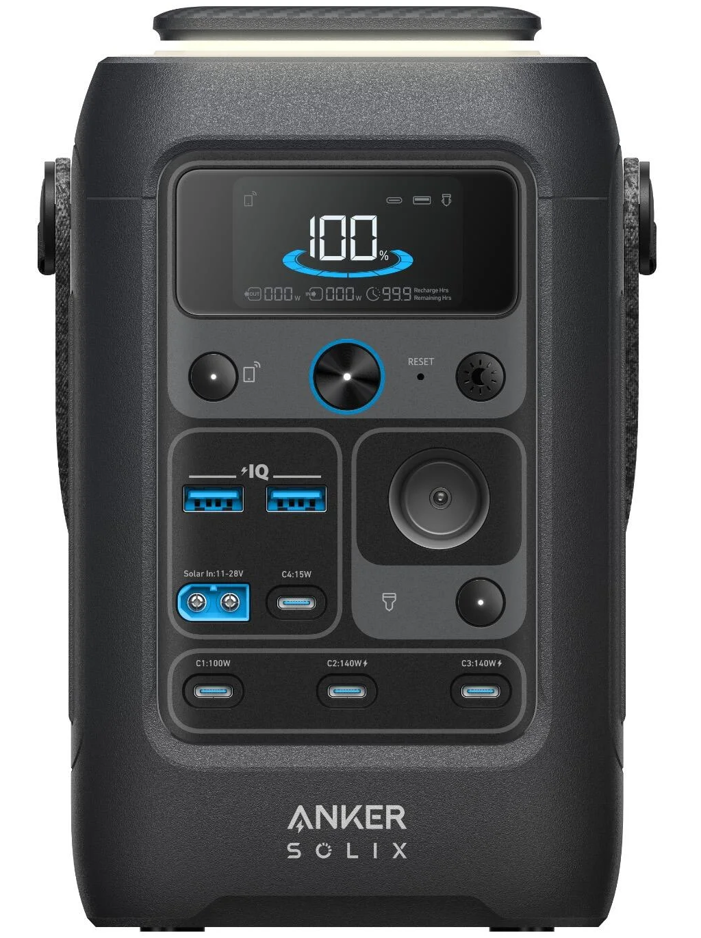Anker Solix C300X DC portable power station with 288Wh capacity and 90000mAh, featuring multiple output ports and a compact design.