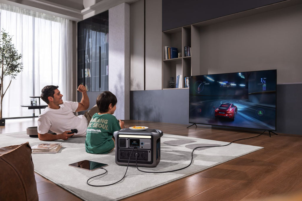 Anker Solix C1000X portable power station with 1056Wh capacity and 1800W output, shown with multiple charging ports and digital display.