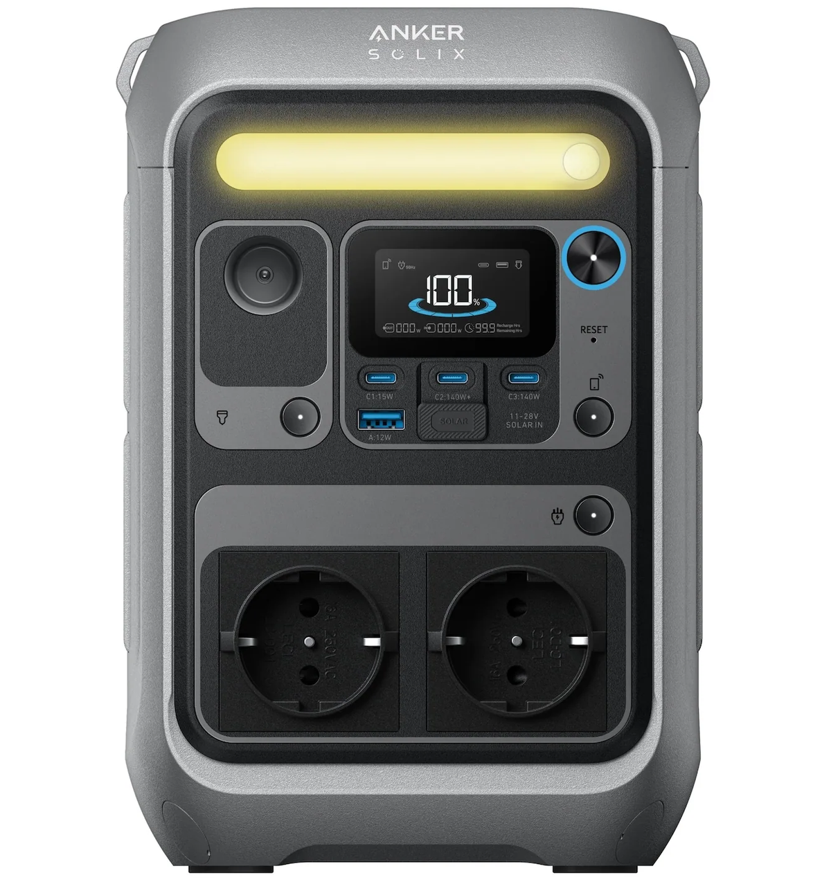 Anker Solix C300X portable power station with 288Wh capacity and 300W output, shown with multiple charging ports and handle.