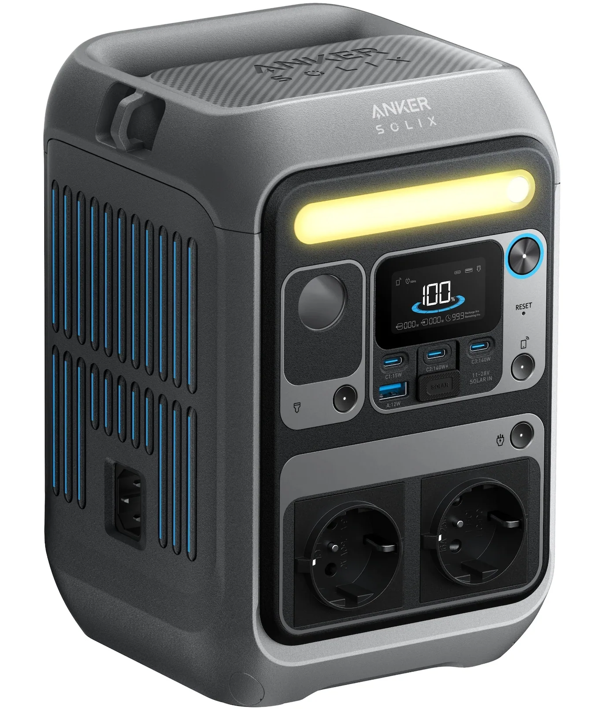 Anker Solix C300X portable power station with 288Wh capacity and 300W output, shown with USB and AC ports for charging devices.