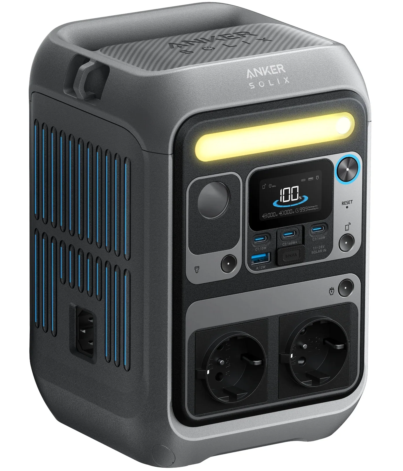 Anker Solix C300X portable power station with 288Wh capacity and 300W output, shown with USB and AC ports for charging devices.