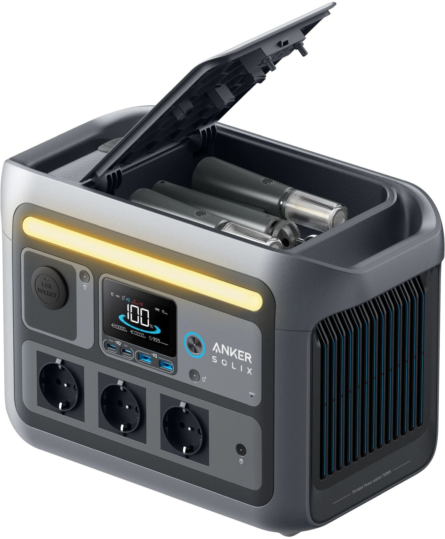 Anker Solix C800X portable power station with 768Wh capacity and 1200W output, featuring multiple ports and a sturdy design.