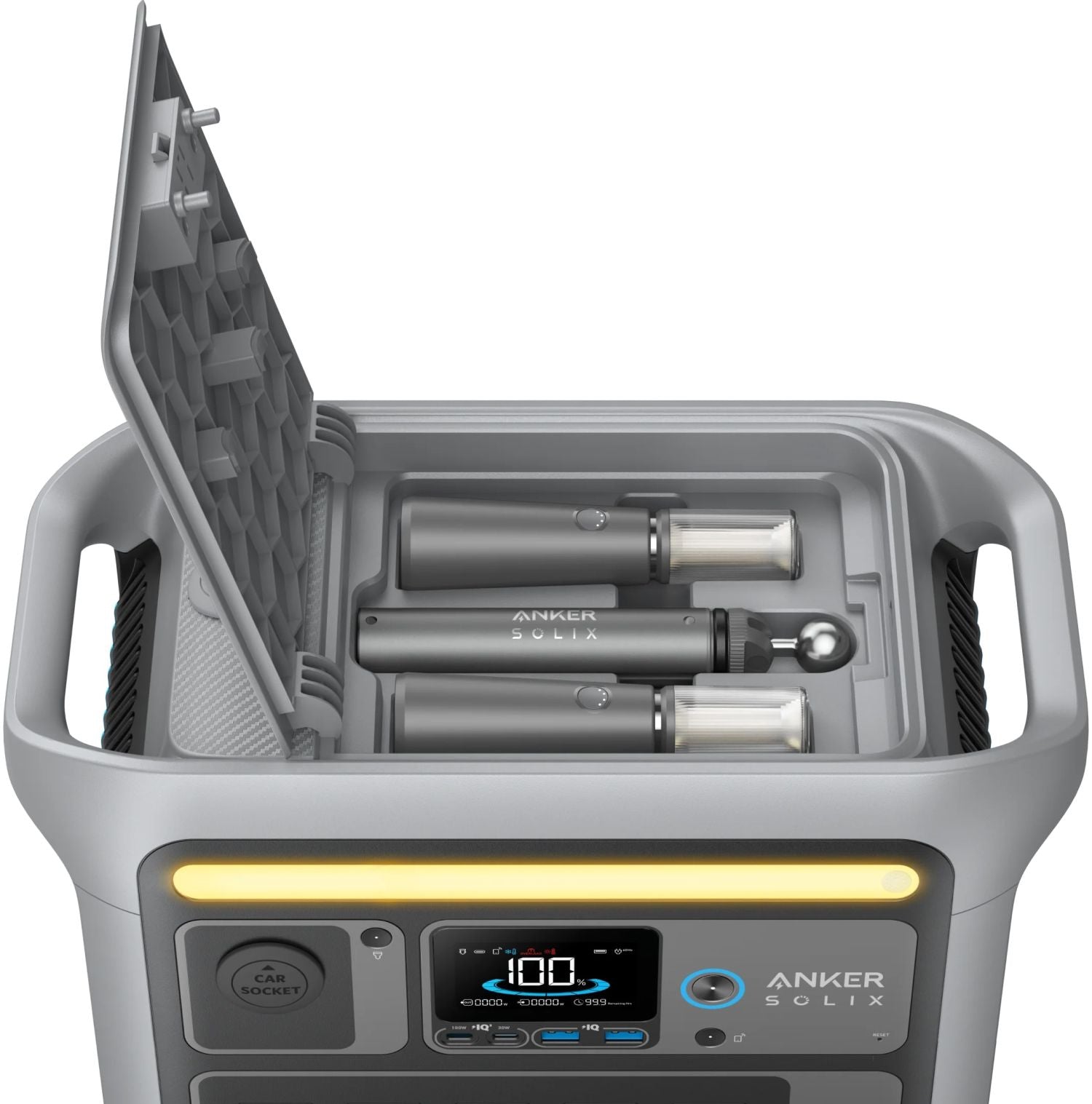 Anker Solix C800X portable power station with 768Wh capacity and 1200W output, shown with multiple charging ports and handles.