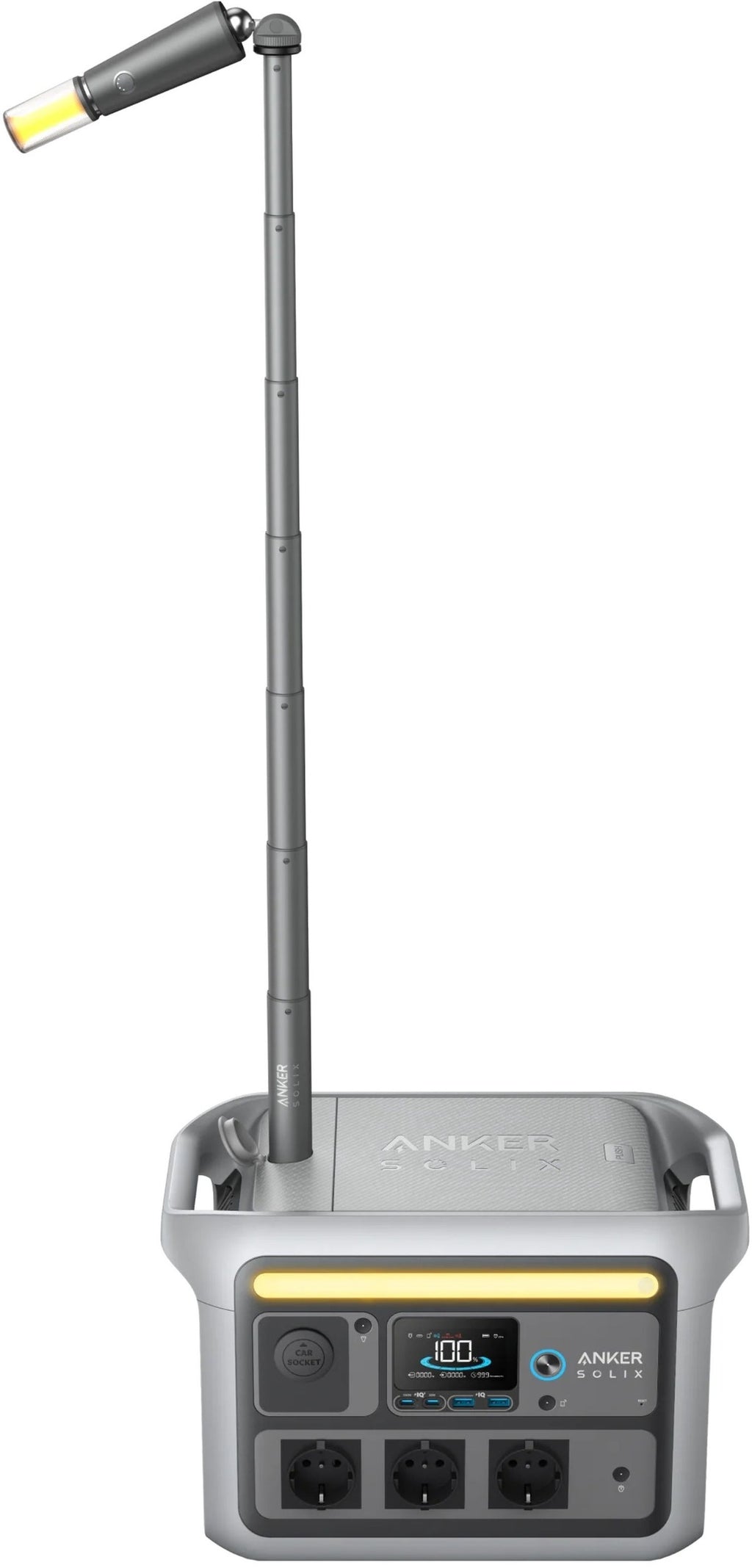Anker Solix C800X portable power station with 768Wh capacity and 1200W output, showing multiple charging ports and digital display.