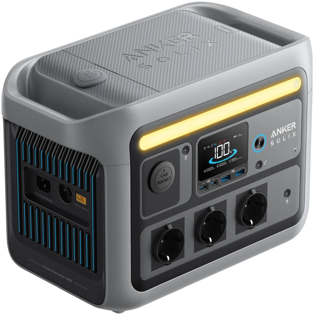 Anker Solix C800X portable power station with 768Wh capacity and 1200W output, featuring multiple power outlets and a digital display.