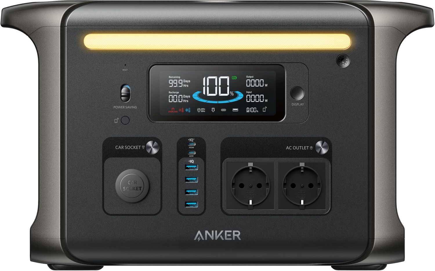 Anker Solix F1500 portable power station with 1536Wh capacity and 1800W output, featuring multiple ports and a compact design.