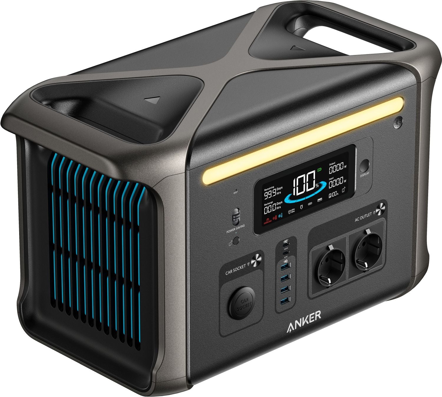 Anker Solix F1500 portable power station with 1536Wh capacity and 1800W output, showing multiple power outlets and LCD display.