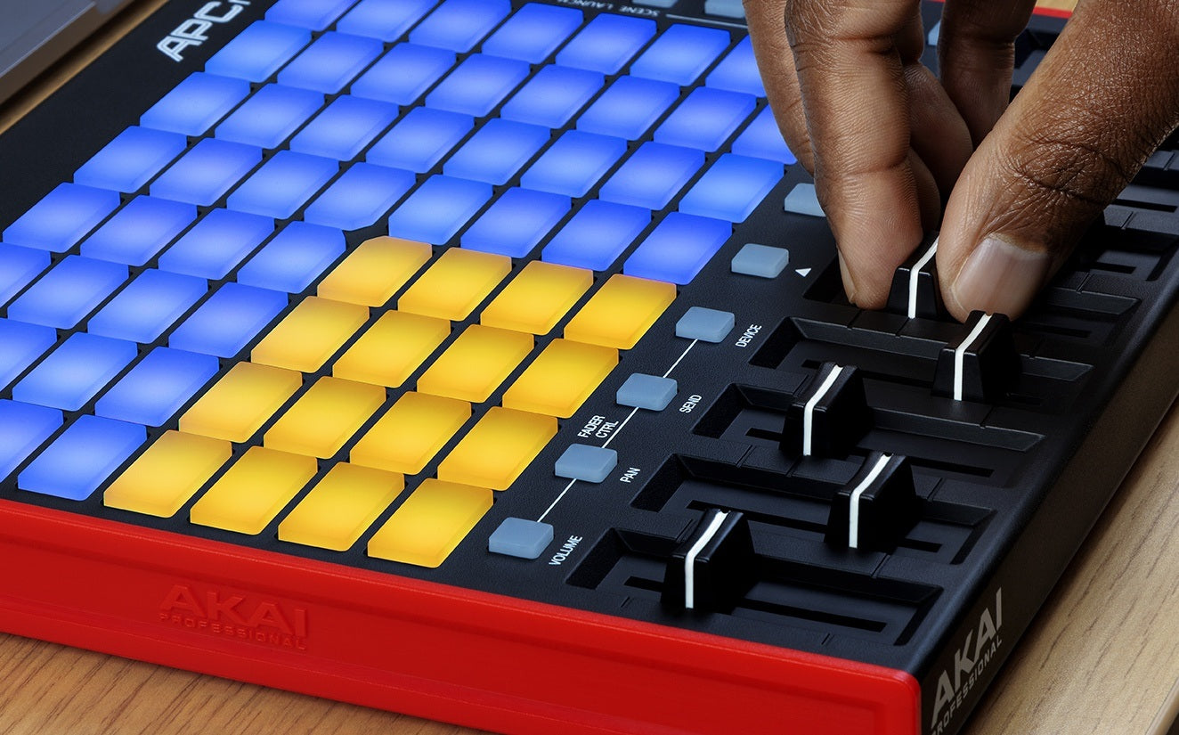 Akai Professional APC Mini MK2 MIDI controller with compact layout, colorful pads, and precise faders for music production and performance.