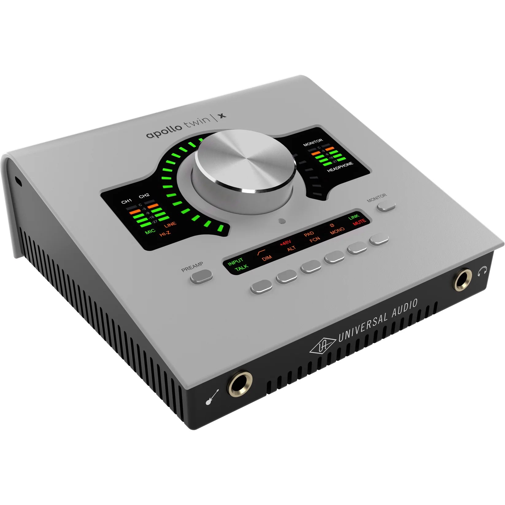 Universal Audio Apollo Twin X DUO Gen 2 audio interface with dual inputs, sleek design, and front panel controls.