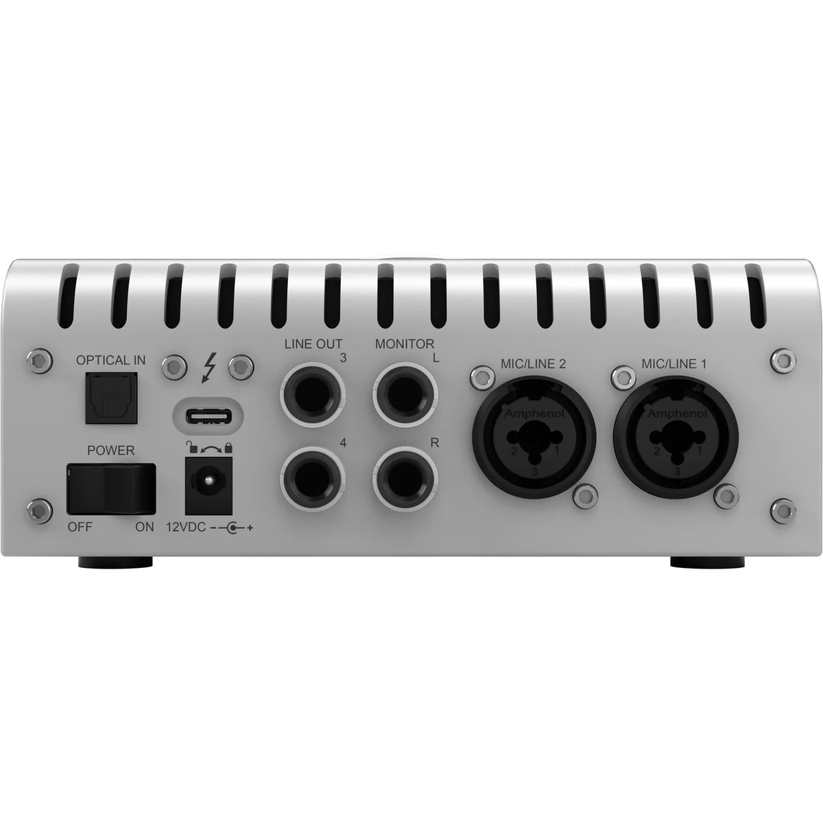 Rear view of Universal Audio Apollo Twin X DUO Gen 2 audio interface showcasing ports and sleek design.