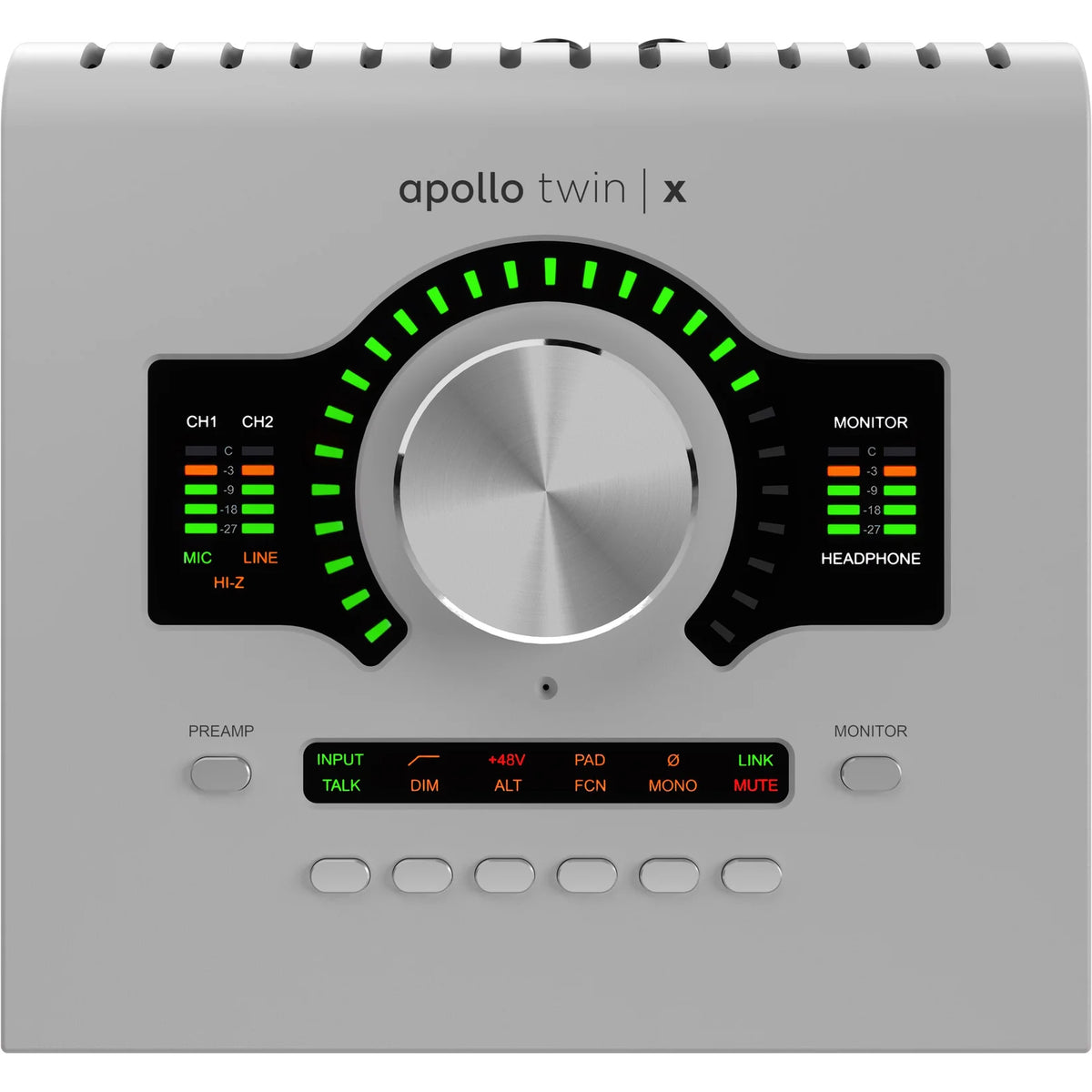 Universal Audio Apollo Twin X DUO Gen 2 audio interface with dual preamps and sleek top view design.