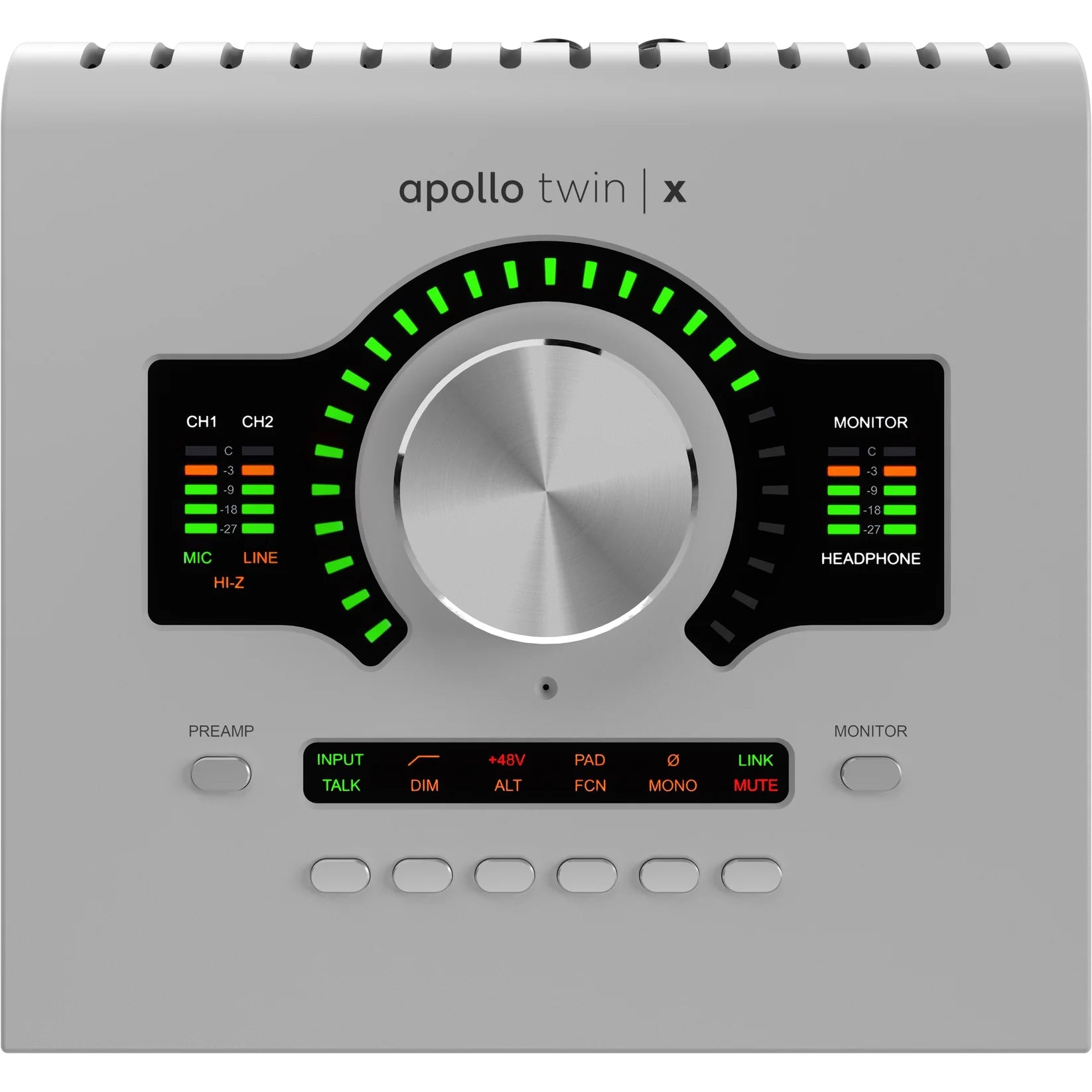 Universal Audio Apollo Twin X DUO Gen 2 audio interface with dual preamps and sleek top view design.