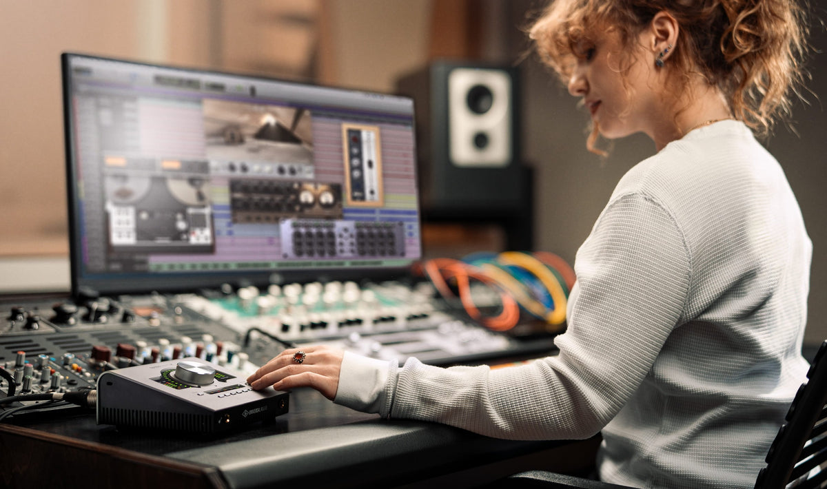 Universal Audio Apollo Twin X DUO Gen 2 audio interface with dual preamps and sleek design, showcasing front panel features.