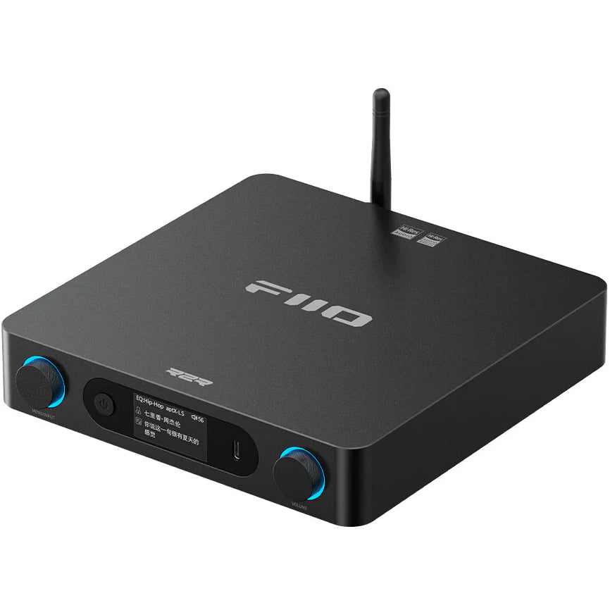 FiiO BR15 R2R music streamer with high-resolution Bluetooth audio receiver and headphone DAC amp, compact and stylish design.