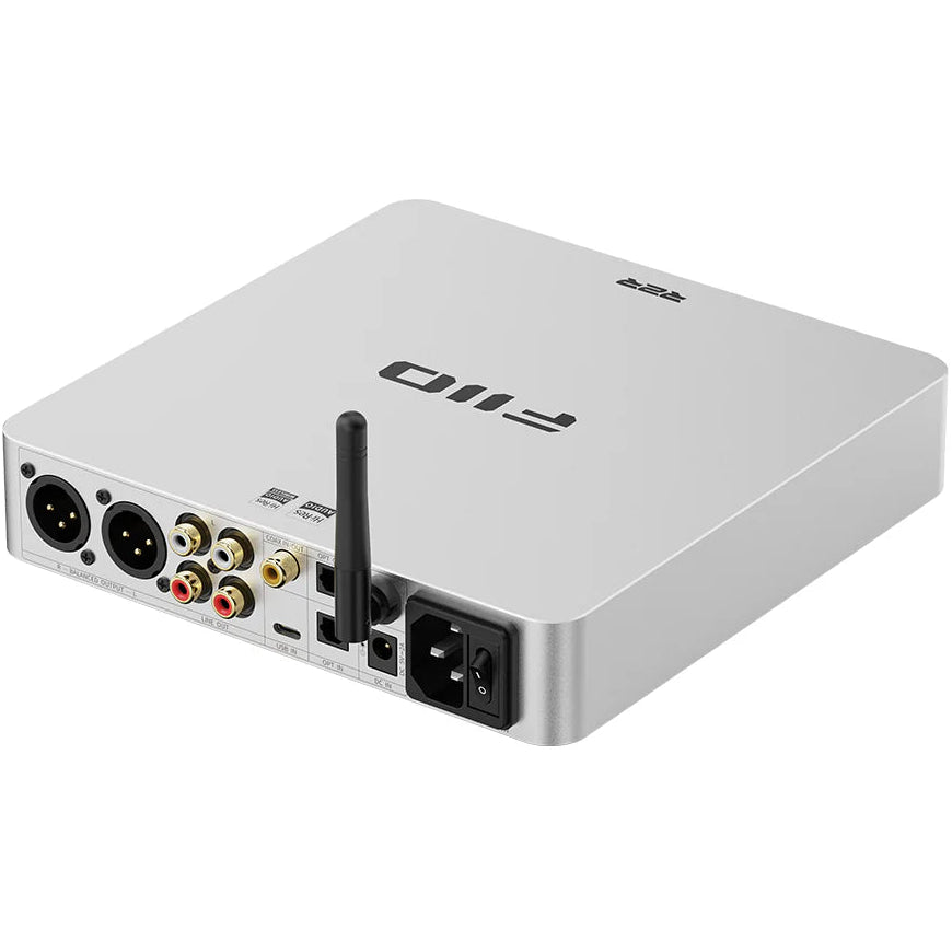 FiiO BR15 R2R music streamer with high-resolution Bluetooth audio receiver and headphone DAC/amp, compact and sleek design.