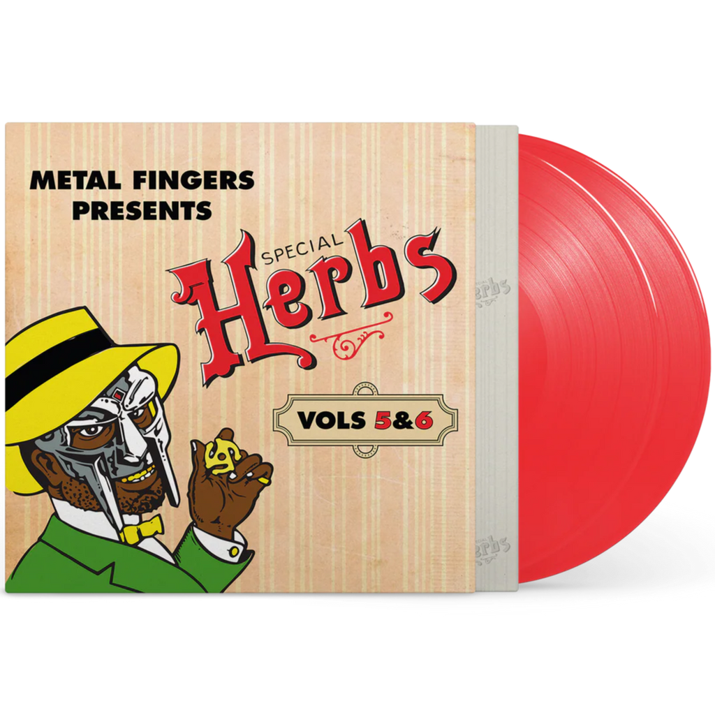 Red vinyl 2LP of MF Doom's Metal Fingers Presents Special Herbs Vol. 5 & 6, hip-hop album by Rhymesayers Entertainment.