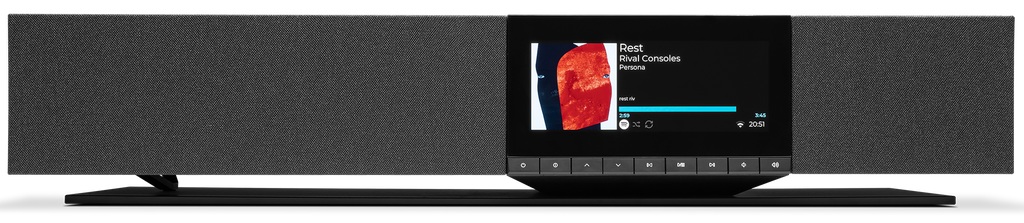 Cambridge Audio Evo One wireless speaker with sleek design and control buttons, ideal for high-quality audio streaming.