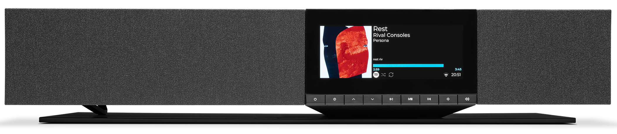Cambridge Audio Evo One wireless speaker with sleek design and control buttons, ideal for high-quality audio streaming.