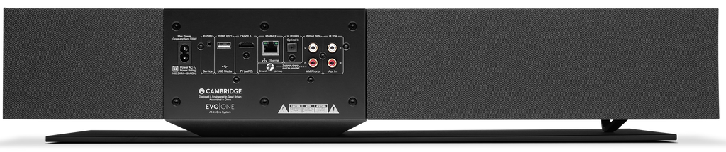 Cambridge Audio Evo One wireless speaker showing sleek black design and control buttons on the front.
