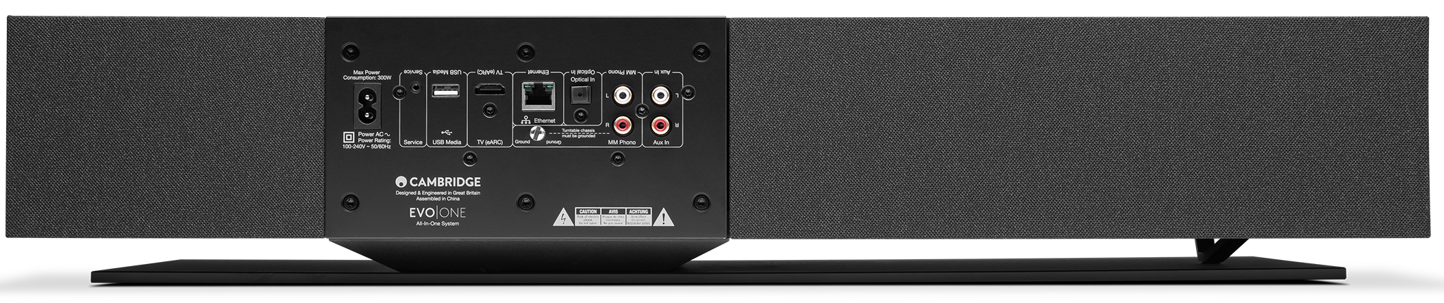Cambridge Audio Evo One wireless speaker showing sleek black design and control buttons on the front.
