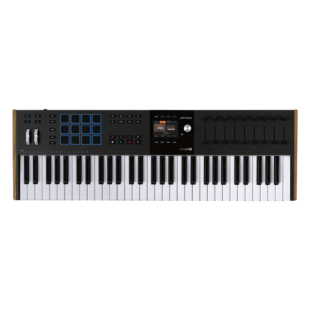 Arturia KeyLab 61 MK3 MIDI keyboard in black finish, angled view with pads and controls