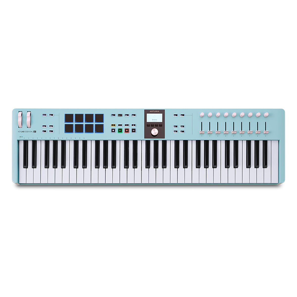 Arturia KeyLab Essential 61 MK3 MIDI keyboard with 61 keys and control knobs, designed for music production and performance.