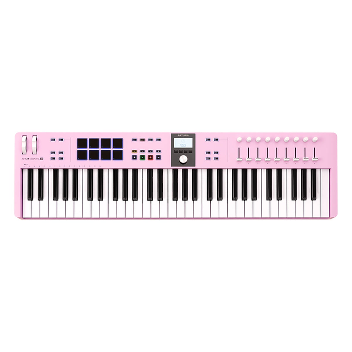 Arturia KeyLab Essential 61 MK3 MIDI keyboard with 61 keys, control knobs, and built-in pads for music production.