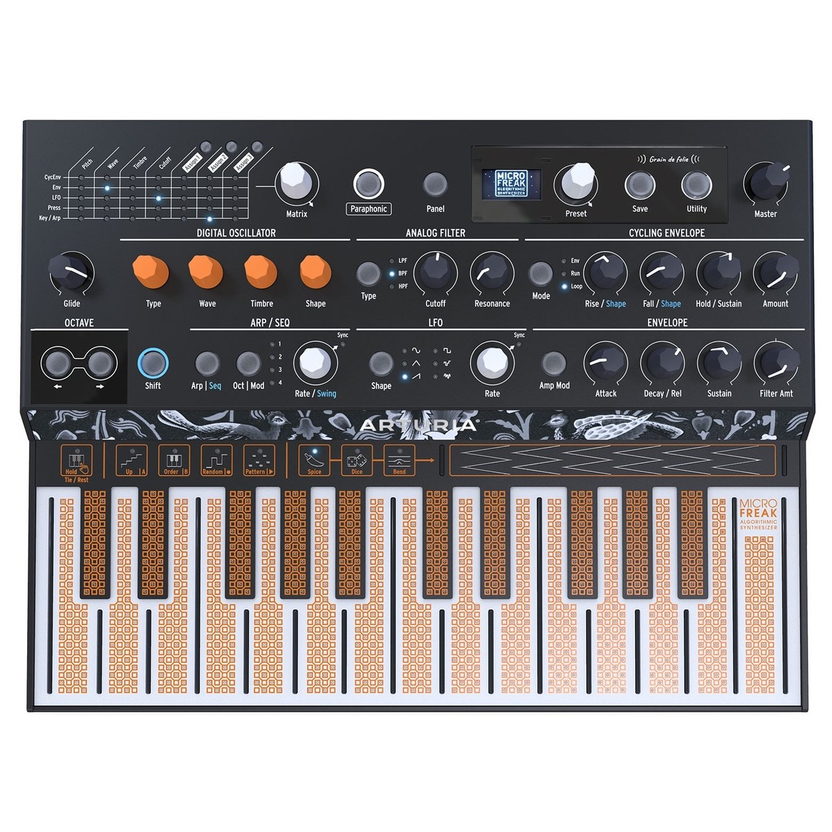 Arturia MicroFreak synthesizer with compact design, featuring knobs, keys, and control panel for versatile sound creation.