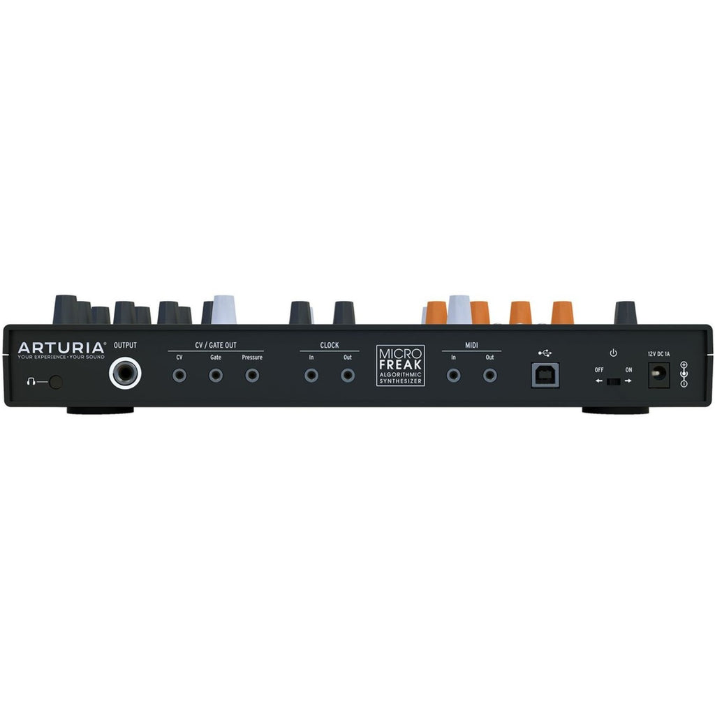 Arturia Microfreak synthesizer with colorful control knobs, keys, and digital display, showcasing its compact design and versatile interface.