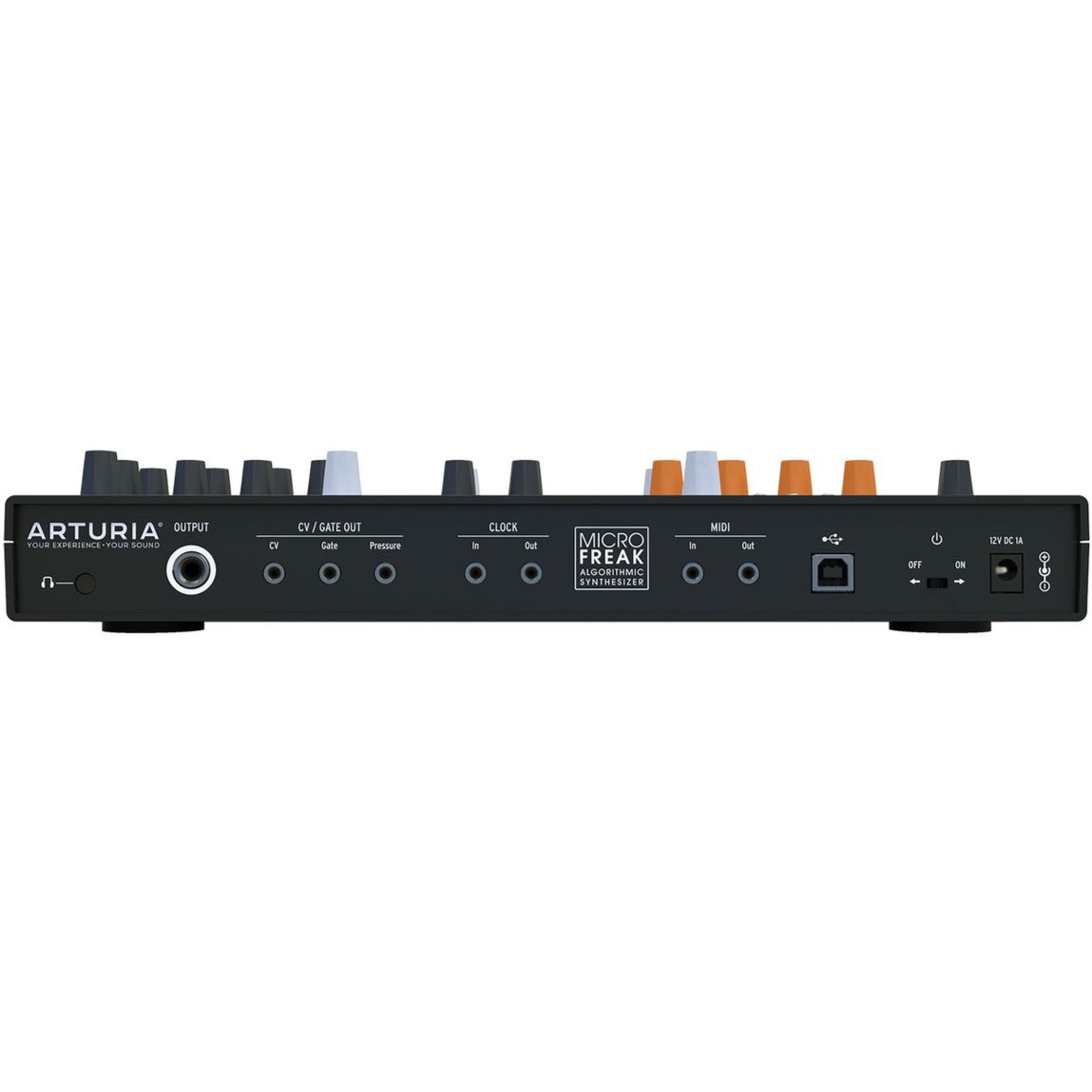 Arturia Microfreak synthesizer with colorful control knobs, keys, and digital display, showcasing its compact design and versatile interface.