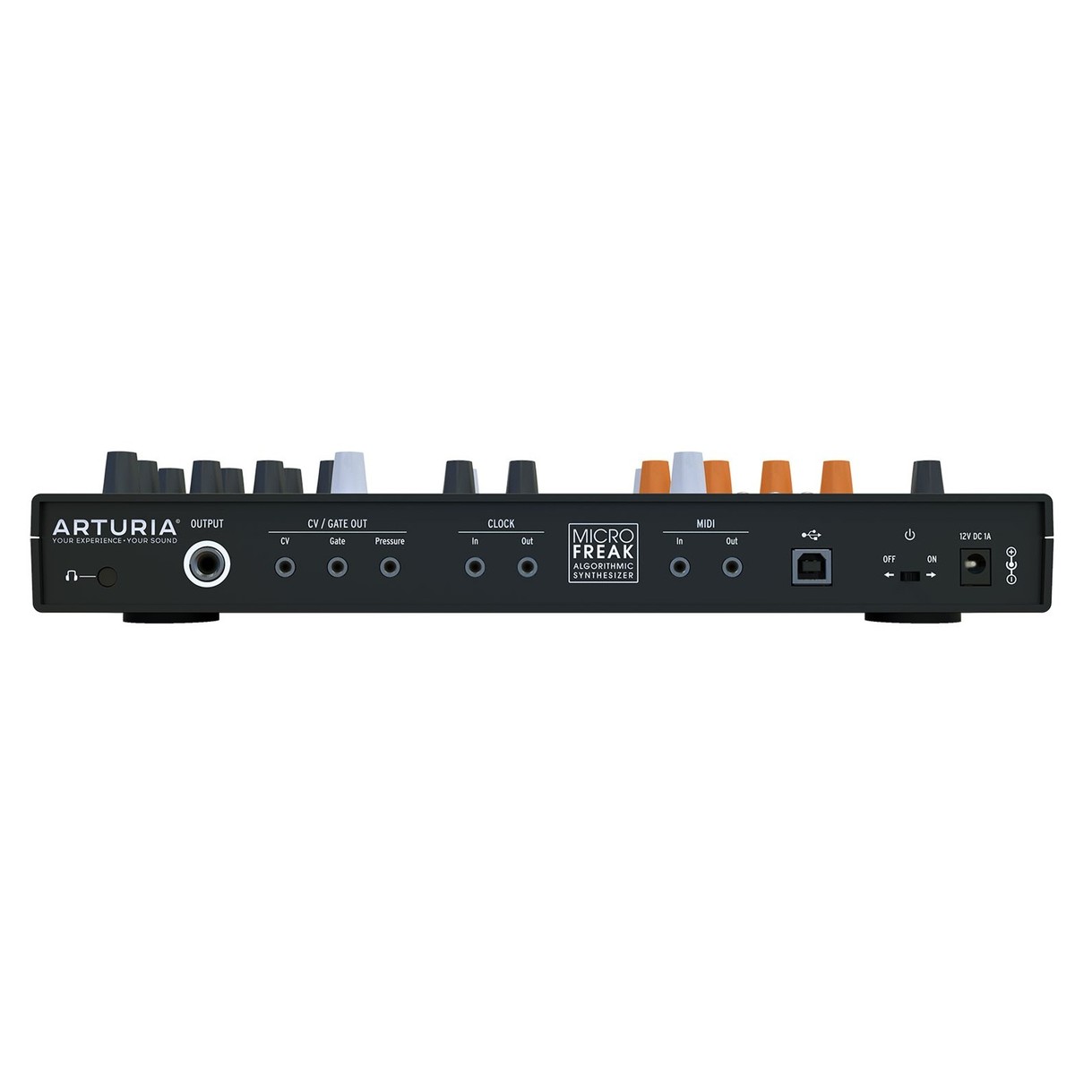 Arturia MicroFreak synthesizer with black and orange design, compact keyboard with various control knobs and a digital display.