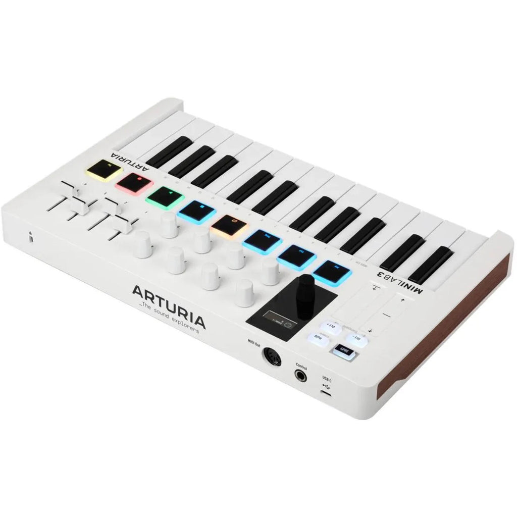 Arturia MiniLab 3 MIDI keyboard showing back view with USB port and control knobs on a sleek black design