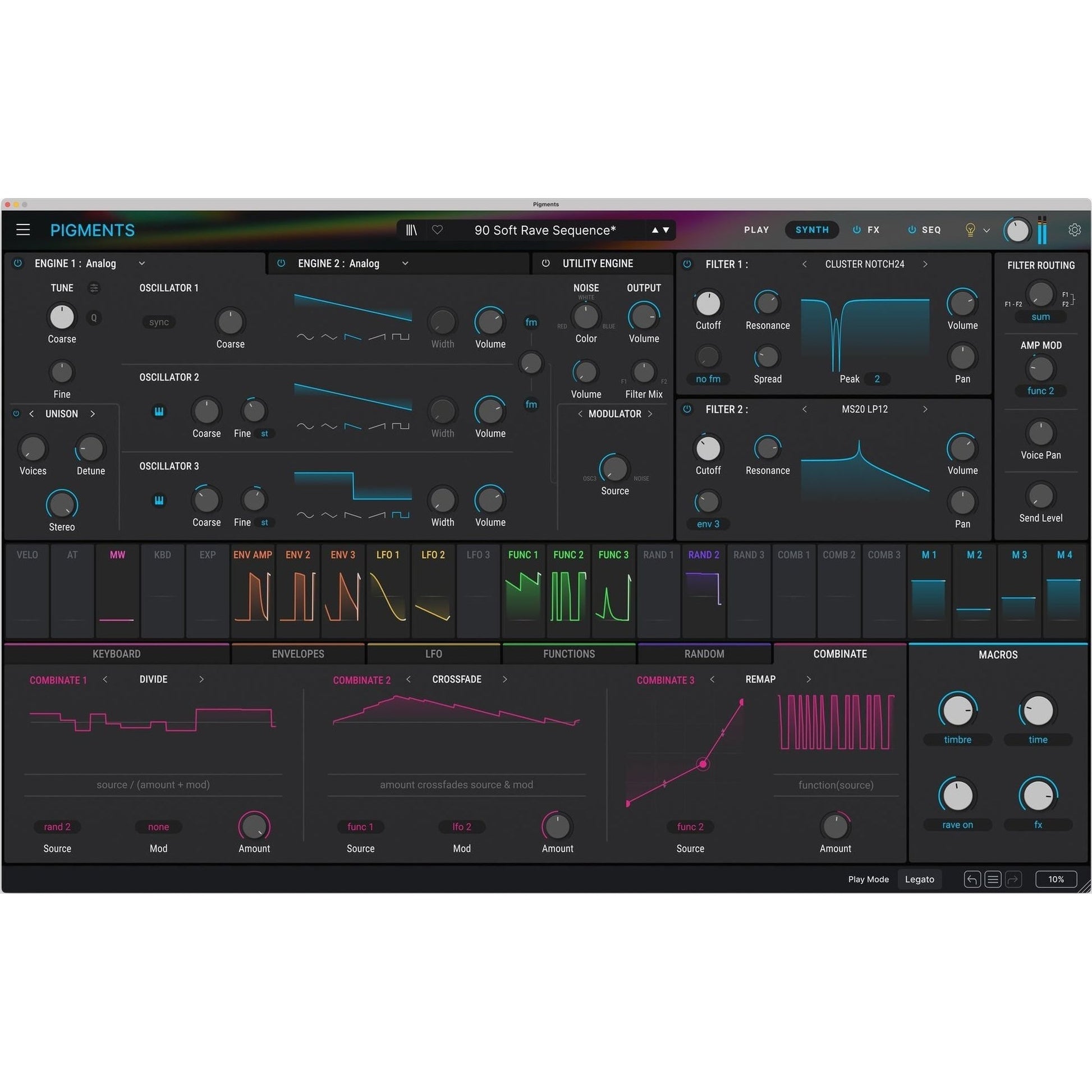 Arturia Pigments 6 music production software interface with colorful waveform and sound controls on screen.