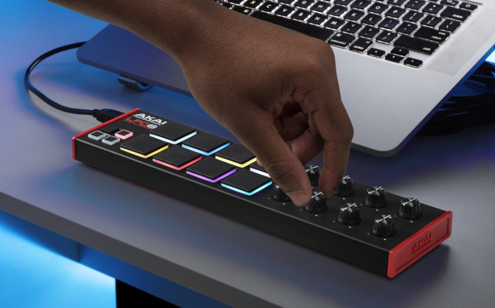 Akai Professional LPD8 MK2 MIDI controller with assignable knobs and pads for music production and live performance.
