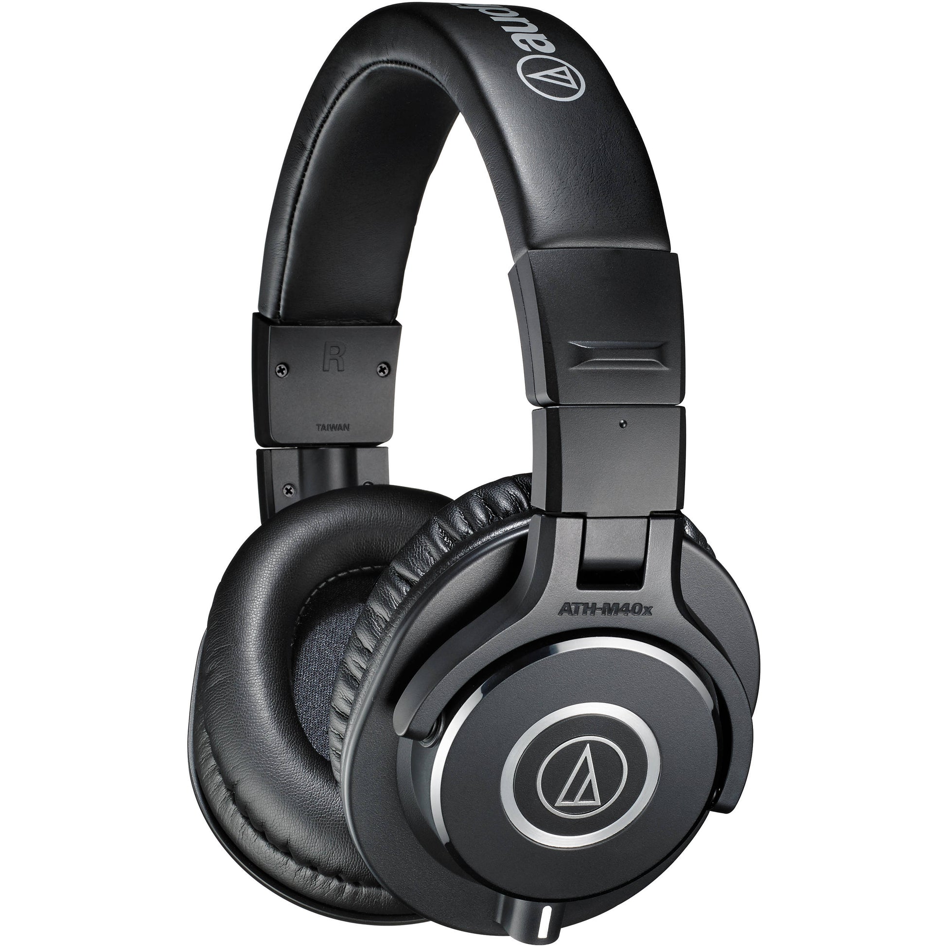 Audio-Technica ATH-M40x headphones in podcaster set, featuring professional-grade headphones and accessories for recording.