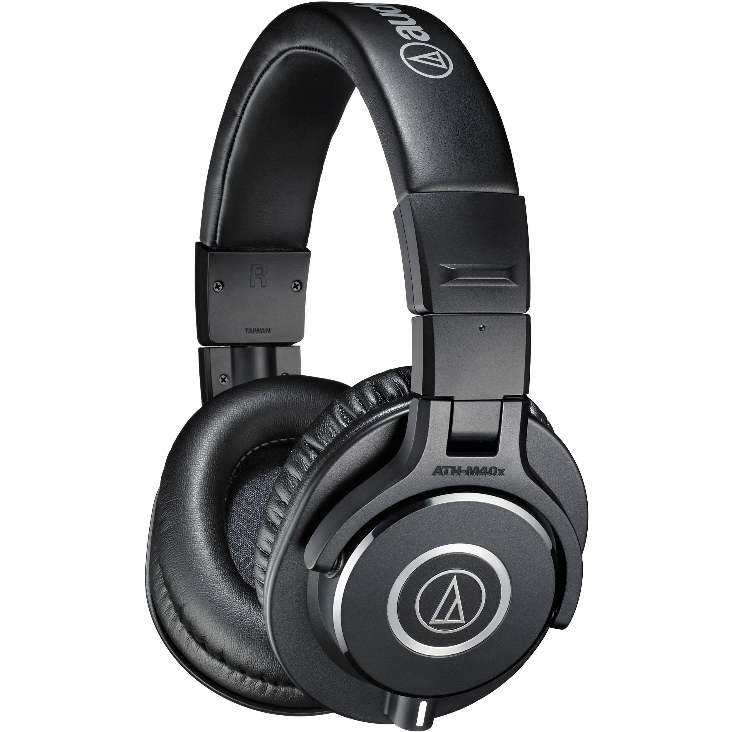 Audio-Technica ATH-M40x headphones in podcaster set, featuring professional-grade headphones and accessories for recording.